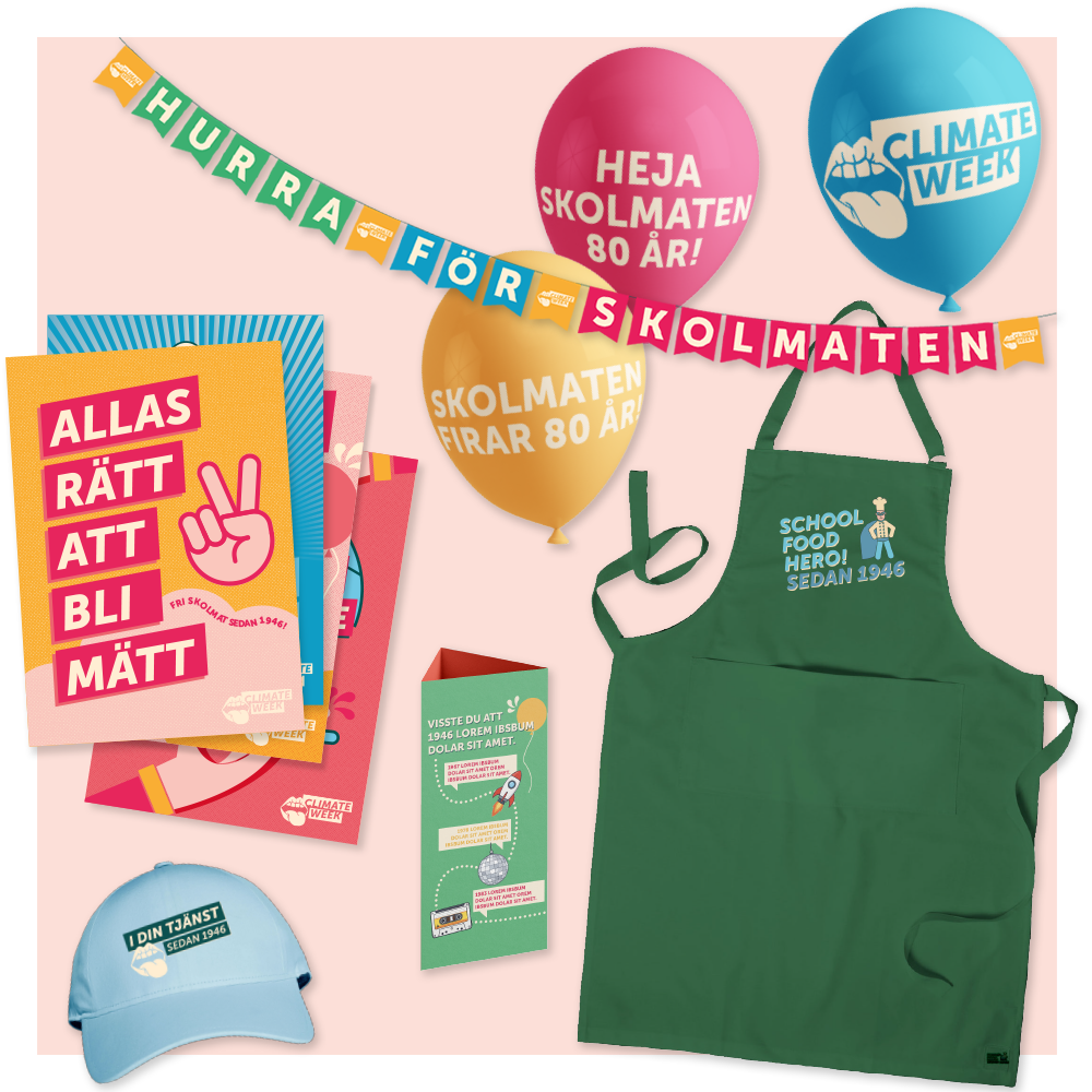 Affischer, bordsryttare, ballonger, flaggspel, förkläde och keps. Delar av det kit man får som deltagare i Climate Week 2026.