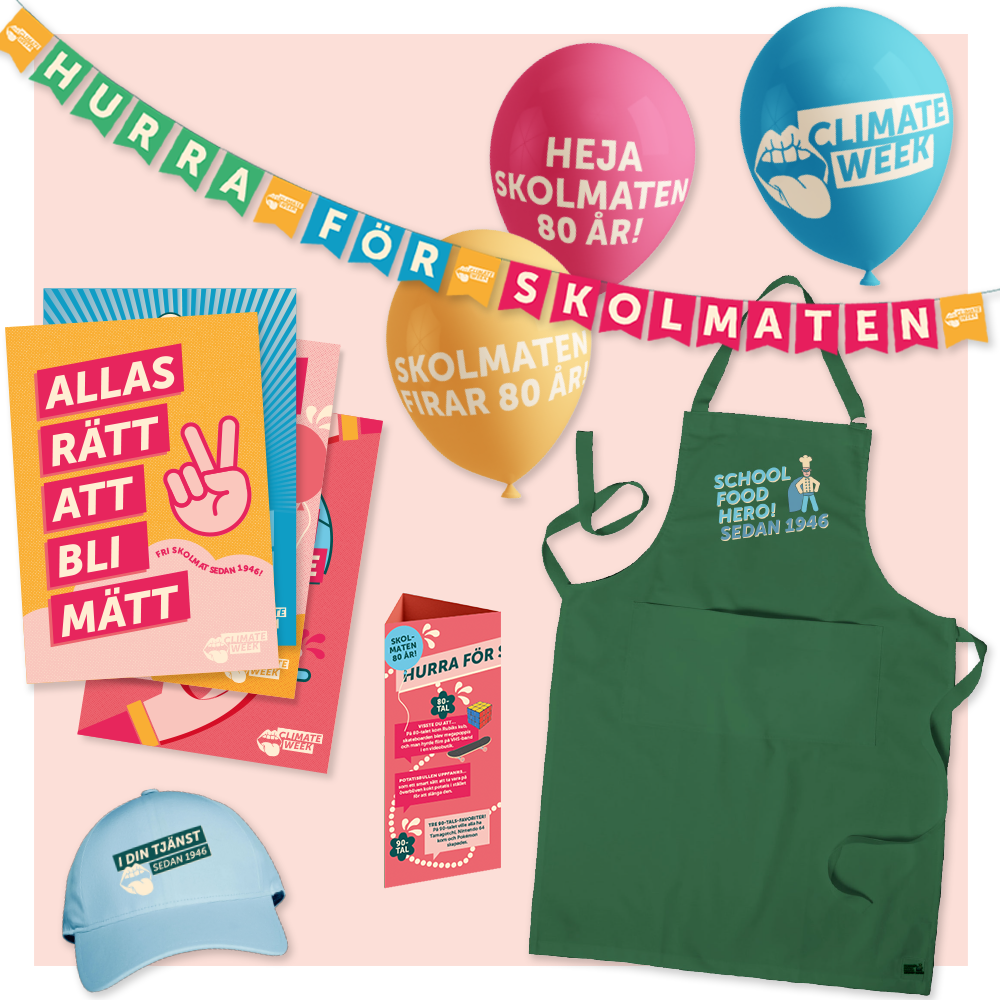 Affischer, bordsryttare, ballonger, flaggspel, förkläde och keps. Delar av det kit man får som deltagare i Climate Week 2026.