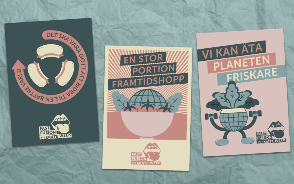Tre illustrerade affischer från konceptet Fast Fusion Climate Week.