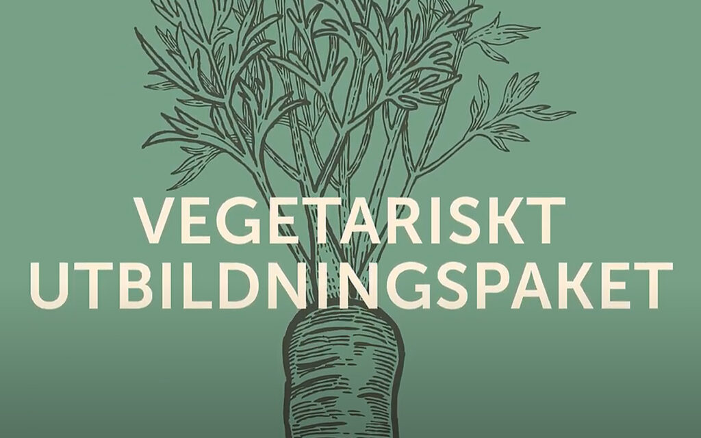 Vegetariskt utbildningspaket i ljusgul text mot en grön bakgrund. Bakgrunden innehåller också en mörkgrön skiss av en morot.