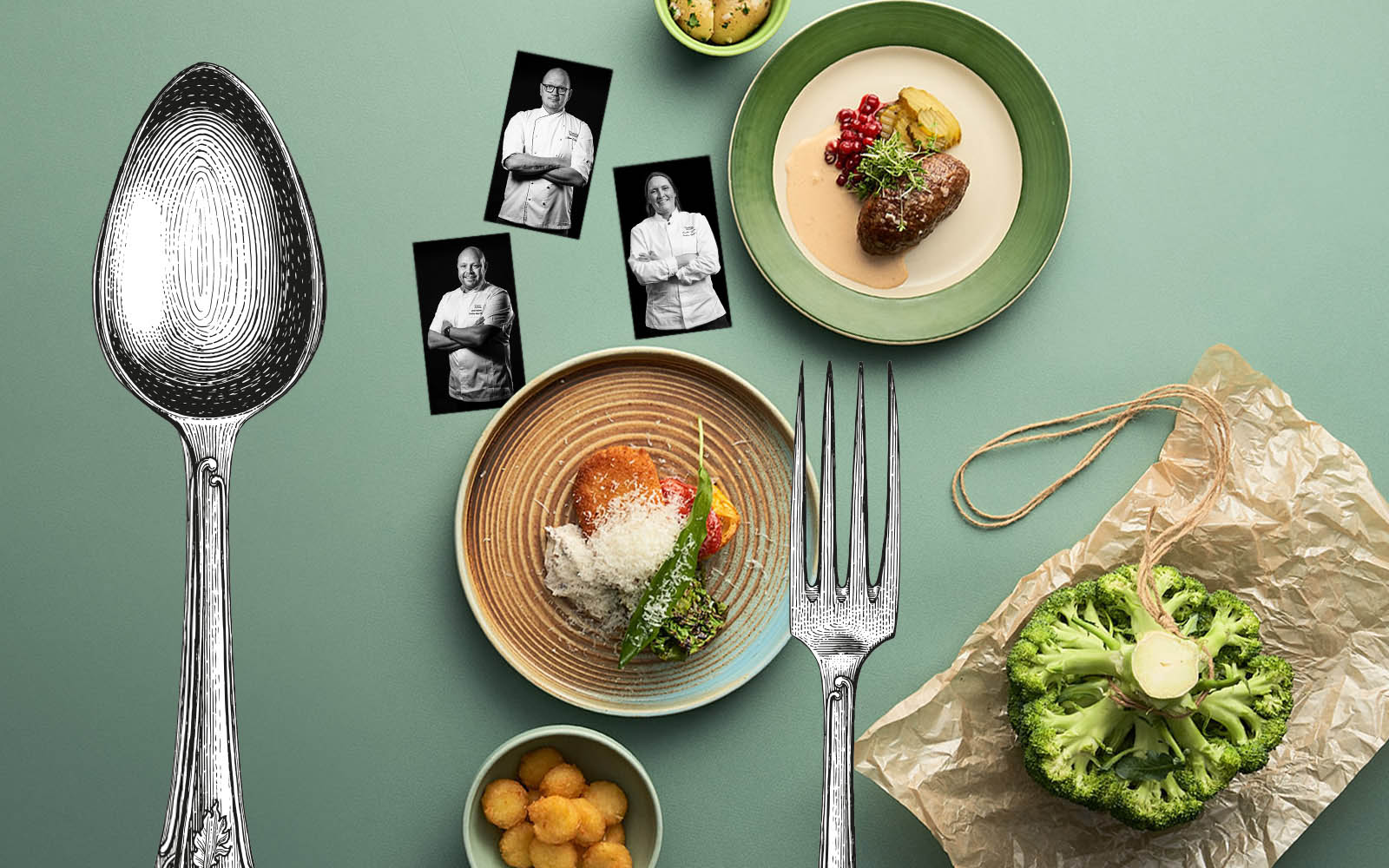 Vegetariska maträtter mot grön bakgrund. Tre bilder på kockar och kulonariska kreatörer Johan, Johan och Camilla ligger mellan tallrikarna. I förgrunden syns en illustrerad gaffel och en illustrerad sked.