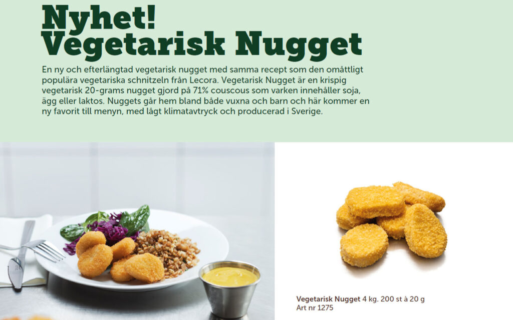 Närbild på broschyr om Lecora Vegetarisk Nugget.