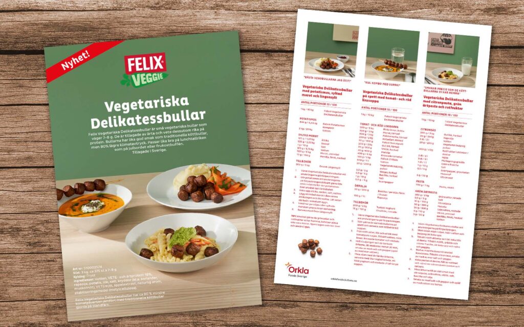 Två olika sidor från blad med inspiration och information om Felix Vegetariska Delikatessbullar.