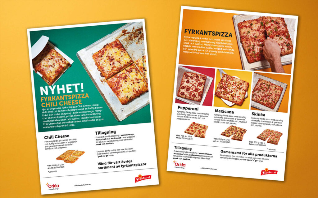 Inspirationsblad kring Fyrkantspizzan Chili Cheese, samt övriga sortimentet med Pepperoni, Mexicana och Skinka.