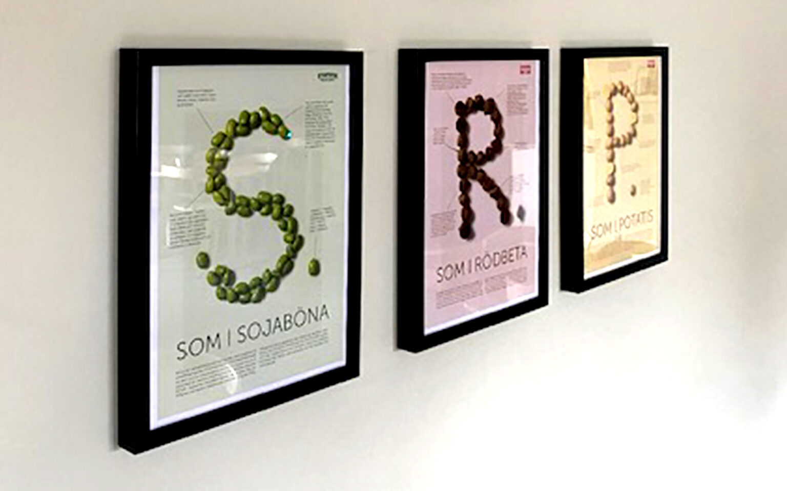 Affischer med S, R och P på, vilket står för Soja, Rödbeta och Potatis.
