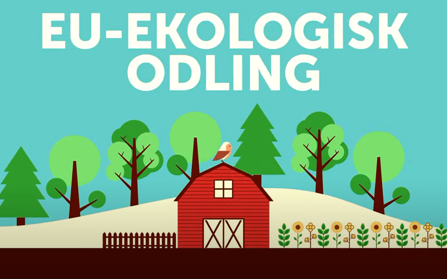 Illustration av bondgård, skog, växter och djur samt texten EU-ekologisk odling.