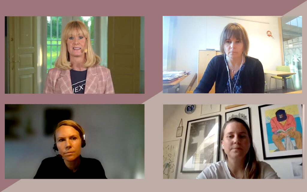 Sara, Elin, Jenny och Frida i olika skärmar vid digitalt webinar.