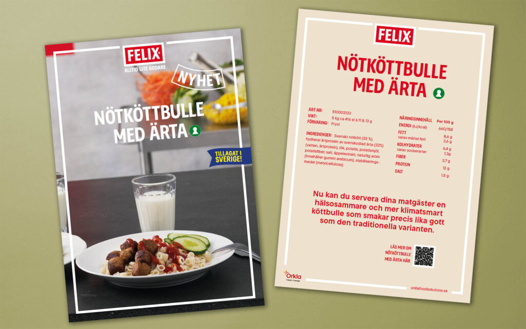 Mockup av informationsblad med FELIX Nötköttbulle med ärta.