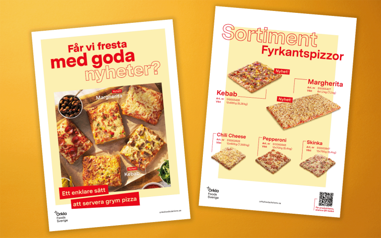 Fram- och baksida av Orkla FoodSolutions nya fyrkantzpizzor Kebab och Margherita.