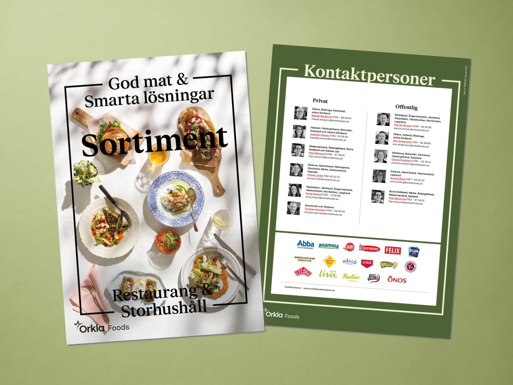 Fram- och baksida av Orkla FoodSolutions sortimentsbroschyr.