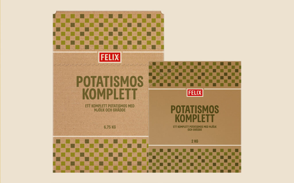 Förpckningar med FELIX Potatismos Komplett i två olika storlekar.