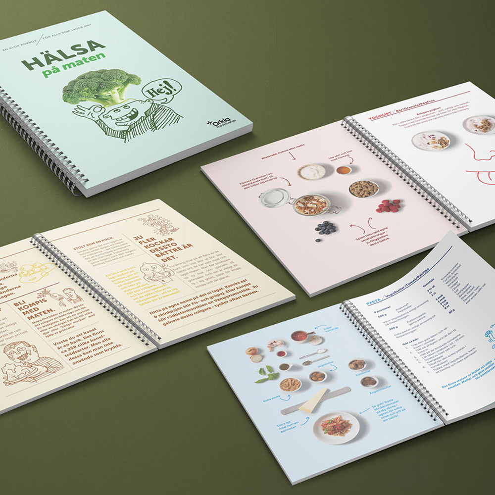 Framsida och olika uppslag från receptboken Hälsa på Maten.