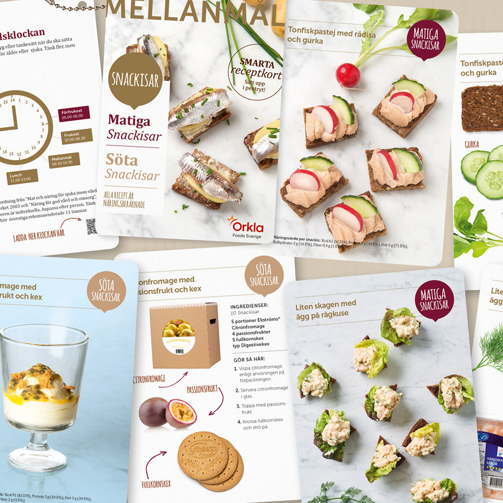 Närbild på en massa receptkort från Snackisar - mellanmål med fokus på näring och god smak.