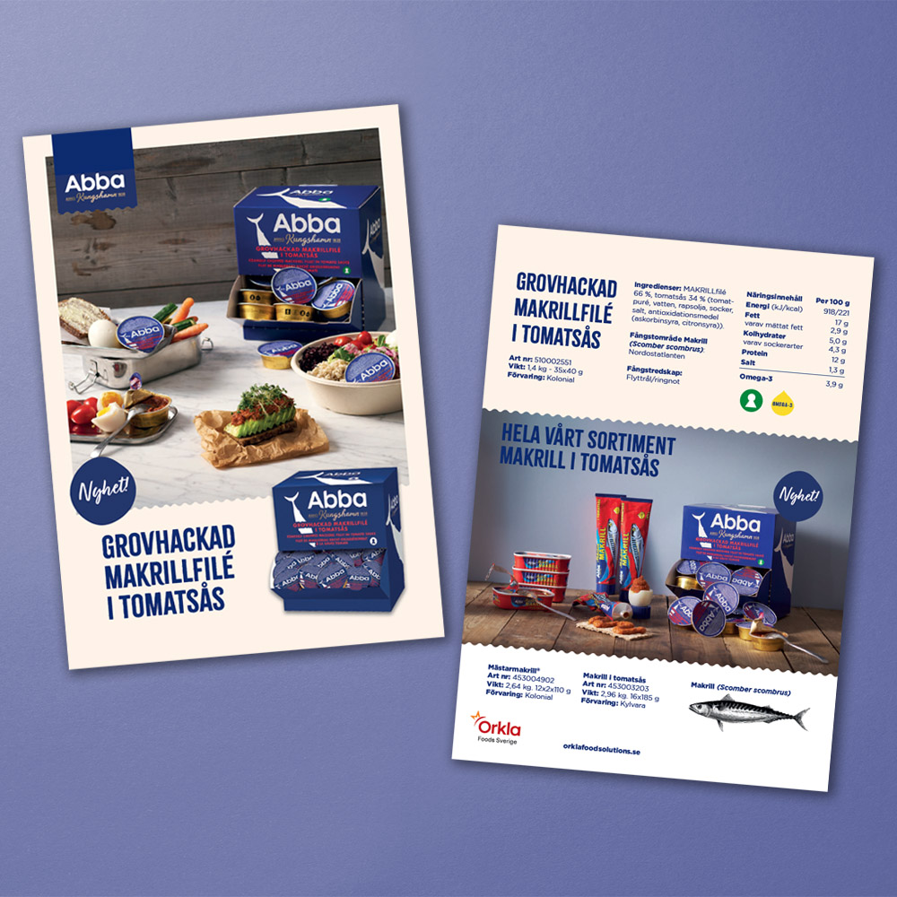 Mockup av broschyrblad om Abba Grovhackad Makrillfilé i Tomatsås.