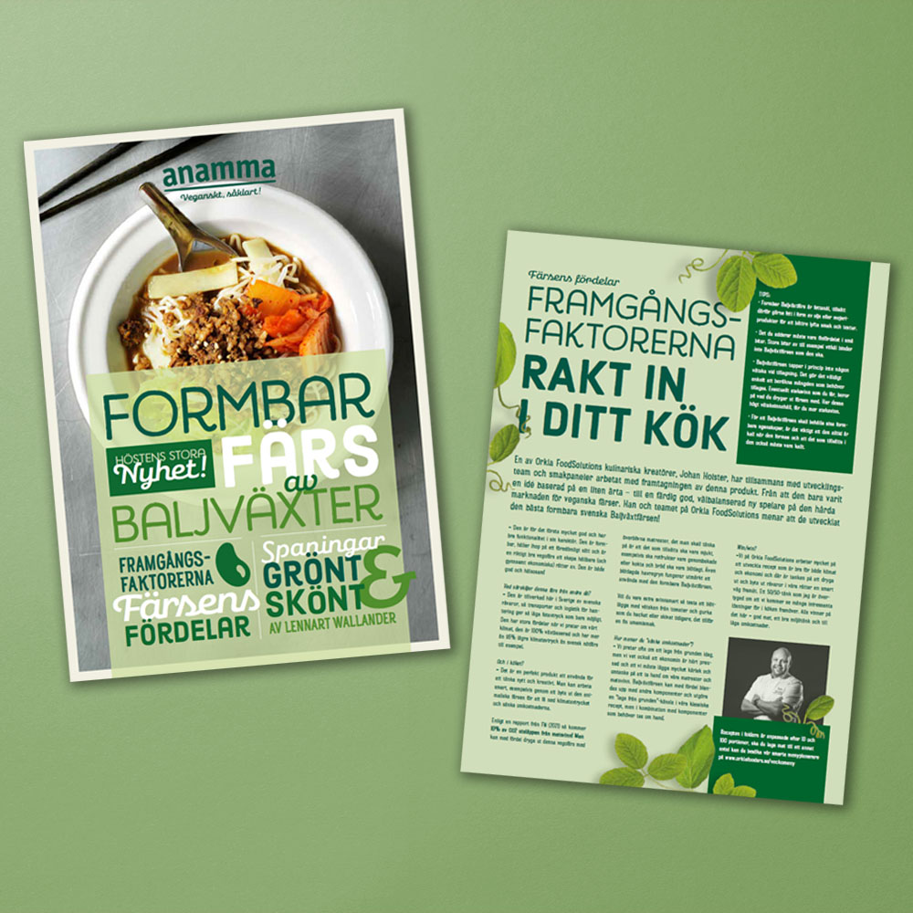 Mockup av broschyr med Anamma Formbar Baljväxtfärs.