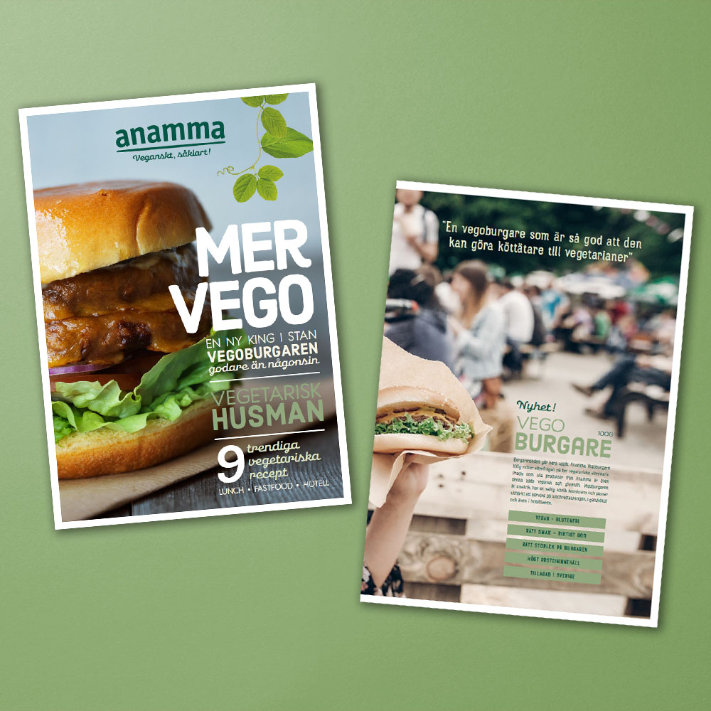 Mockup av broschyr med Anamma Vegoburgare 100 gram.