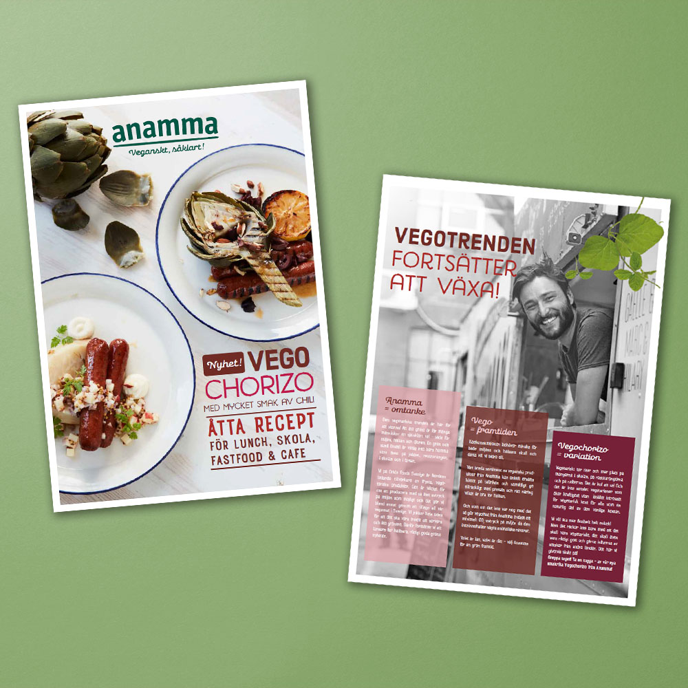 Mockup av broschyr med Anamma Vegochorizo.
