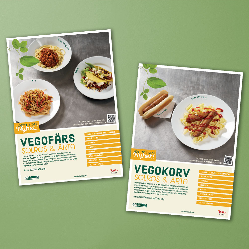 Mockup av broschyr med Anamma Vegofärs och Vegokorva gjorda på solros och ärta.
