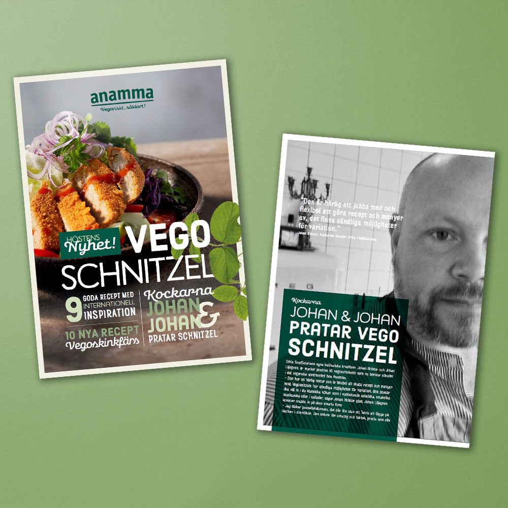 Mockup av broschyr med Anamma Vegoschnitzel och recept med Anamma Vegoskinkfärs.
