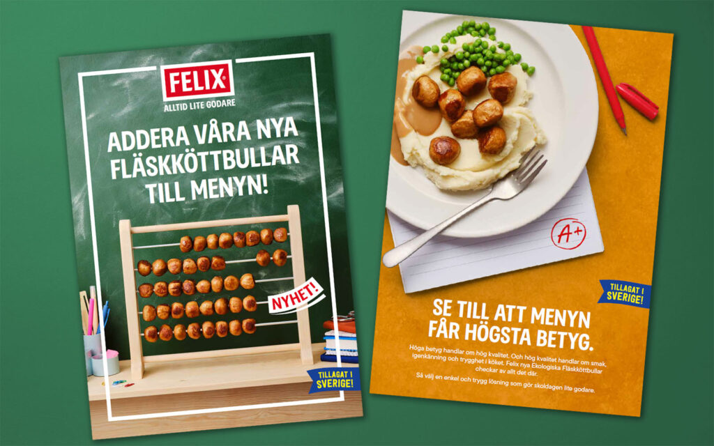 Sidor från broschyr om FELIX Köttbullar Fläsk, KRAV Eko