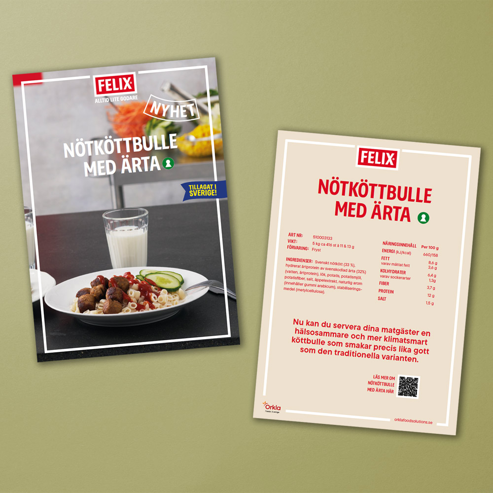Mockup av broschyren om FELIX Nötköttbulle med Ärta.