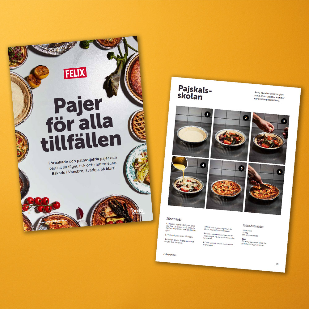 Mockup av inspirationsbroschyr om FELIX Paj och Pajskal.