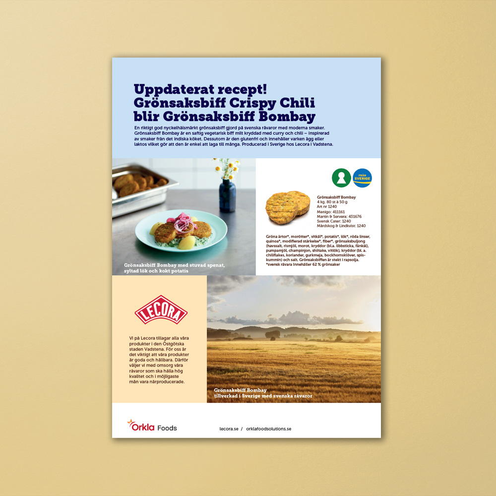 Mockup av informationsblad om Lecora Grönsaksbiff Bombay.