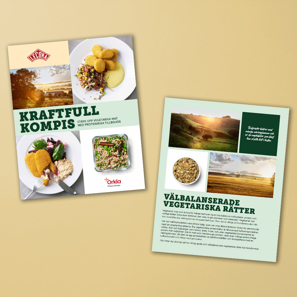 Mockup av broschyren Kraftfull Kompis - så stärker du upp vegetariska rätter med proteinrika tillbehör.