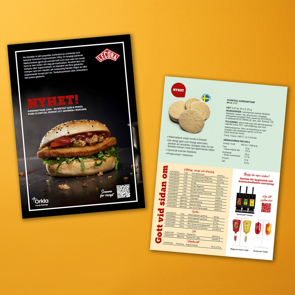 Mockup av broschyren om Lecora Schnitzel Supersnitsare.