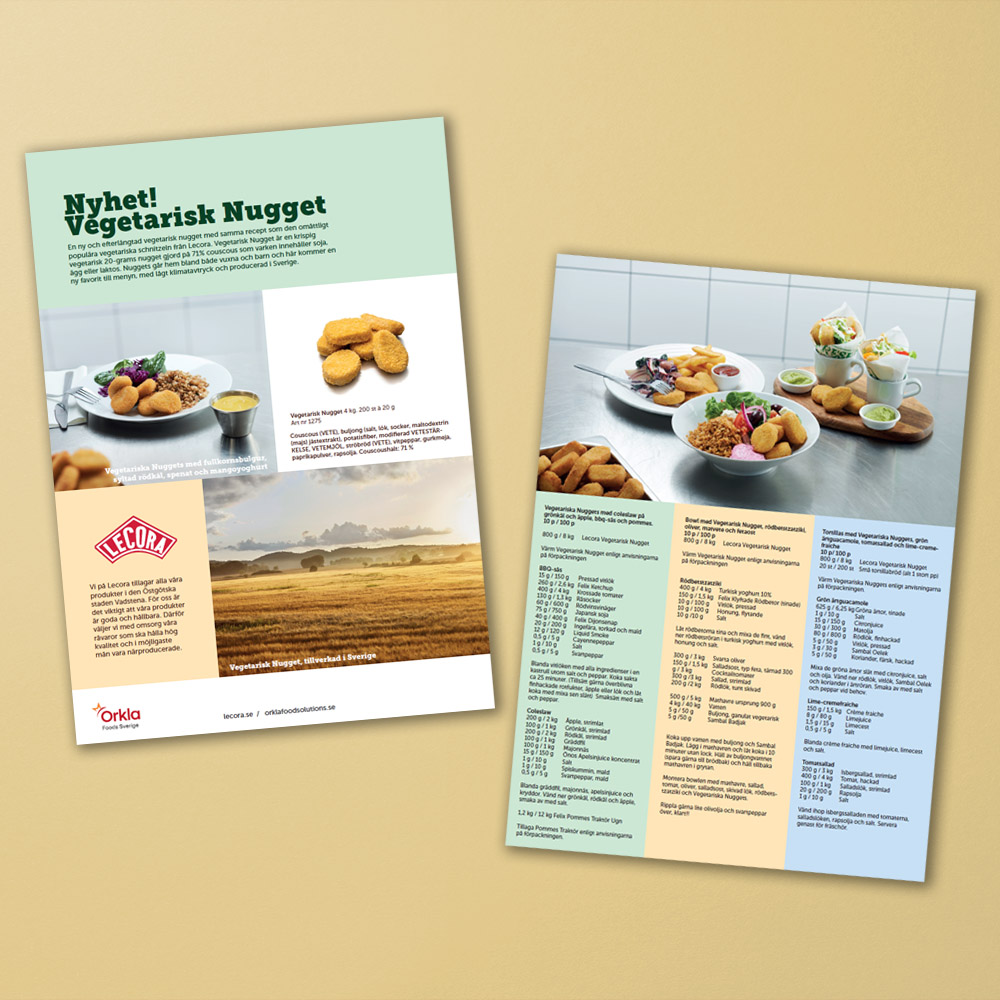 Mockup av informationsblad om Lecora Vegetarisk Nugget.