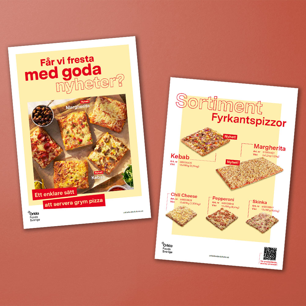 Mockup av broschyren med Fyrkantspizza och nyheterna Margherita och Kebab.