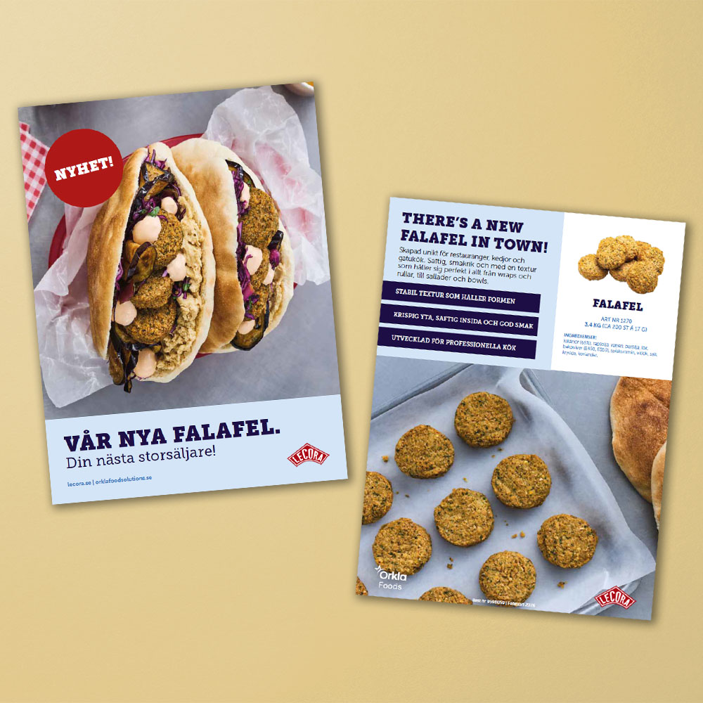 Mockup av broschyr med nya och förbättrade Lecora Falafel.