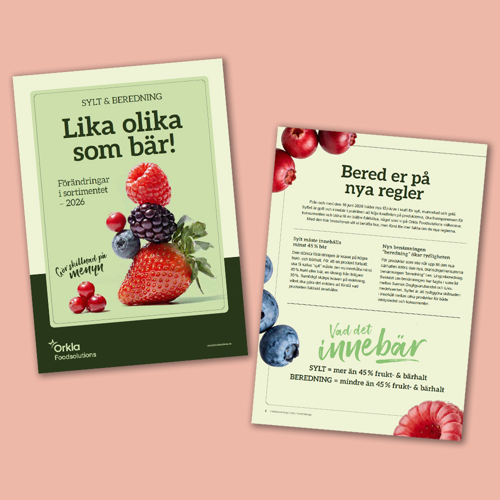 Mockup av broschyr där vi förklarar sylt och beredning kopplat till Önos och BOB.