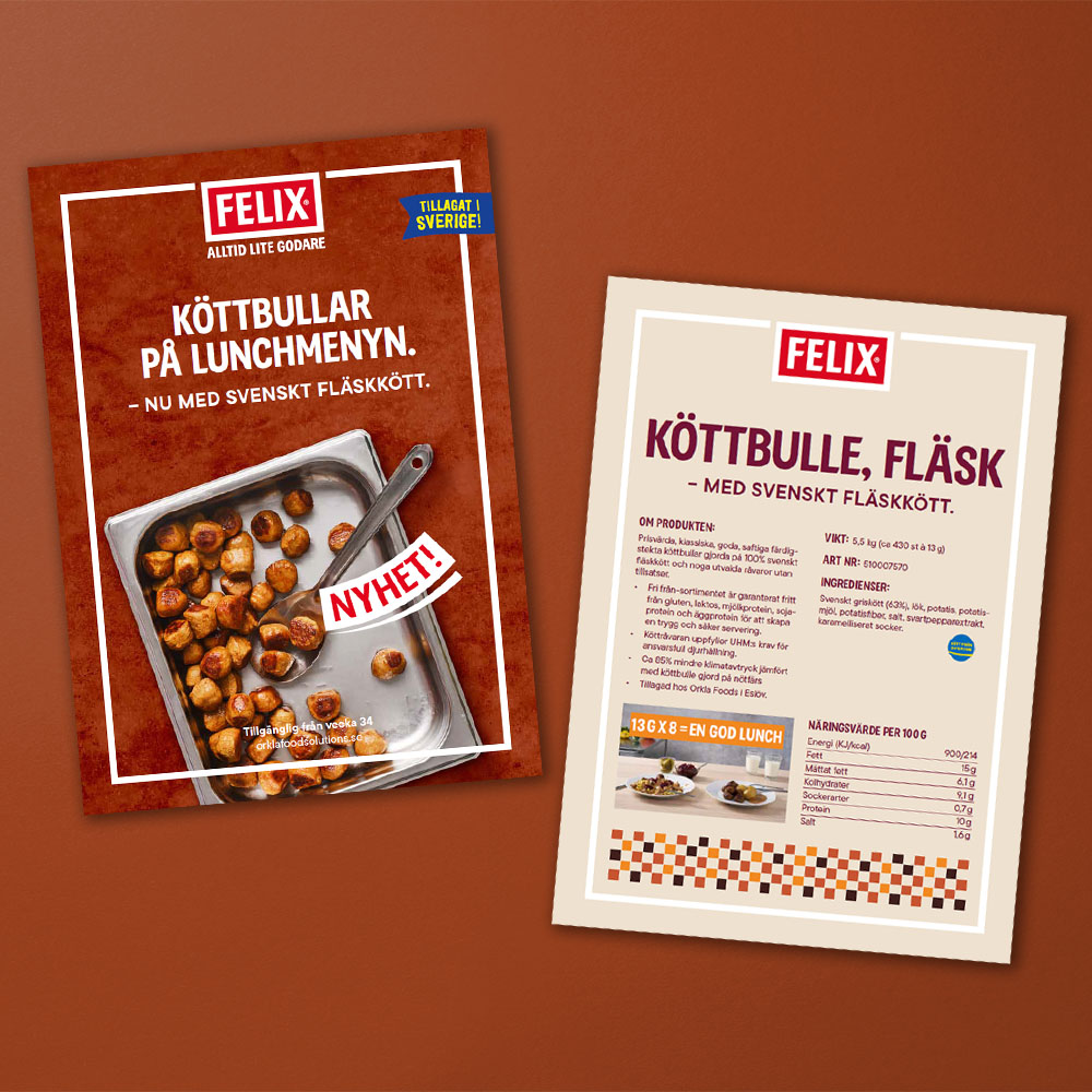 Mockup av broschyr med FELIX Köttbulle, fläsk.