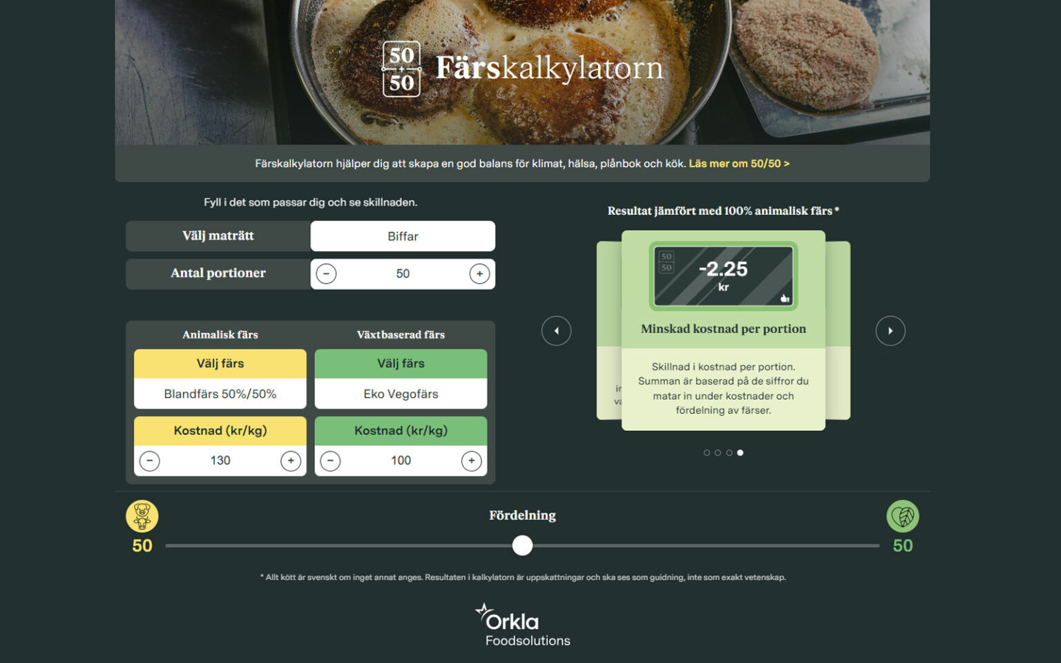 Utkast av Orkla Foodsolutions 50/50 Färskalkylatorn.